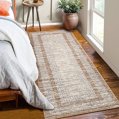 Multi-Layer Geometric Border Area Rug Machine Washable Low Pile Wear Restistant Decor Carpet