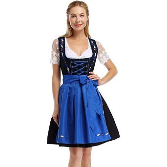 Women's 3 pc Embroidered Festival Dress Set with Lace Blouse and Apron