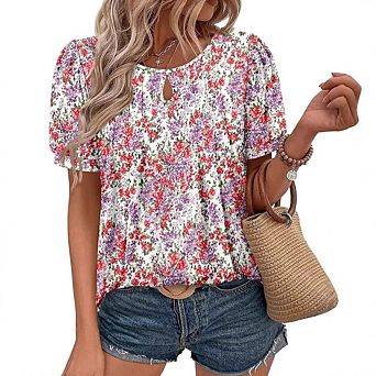 Women's floral print round neck belted topcasual short sleeved gathered floral T shirt