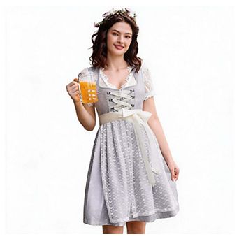 Women's 3 pc Silver White Festival Dress Set with Lace Blouse and Sheer Apron