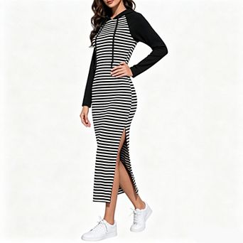 Women's Raglan Long Sleeve Hooded Striped Pocket Bodycon Maxi Sweatshirt Dress