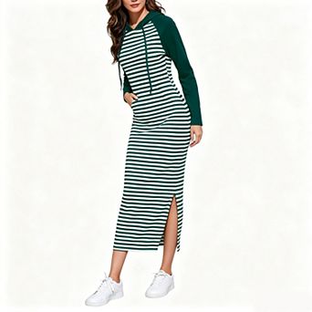 Women's Raglan Long Sleeve Hooded Striped Pocket Bodycon Maxi Sweatshirt Dress