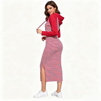 Women's Raglan Long Sleeve Hooded Striped Pocket Bodycon Maxi Sweatshirt Dress