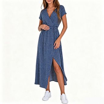 Women's V Neck Short Sleeve Wrap Belted High Slit Print Maxi Sundress