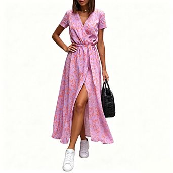 Women's V Neck Short Sleeve Wrap Belted High Slit Print Maxi Sundress