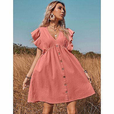 Women's V Neck Ruffle Cap Sleeve Button Front Smocked Waist Ditsy Floral Solid Mini Sundress