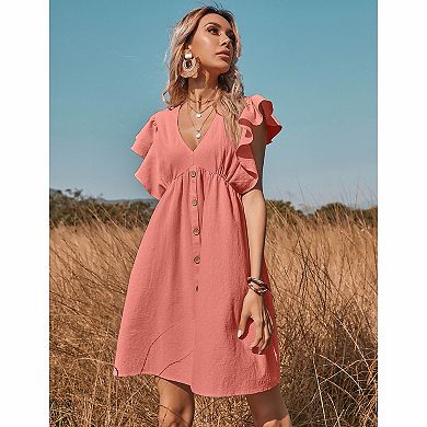 Women's V Neck Ruffle Cap Sleeve Button Front Smocked Waist Ditsy Floral Solid Mini Sundress