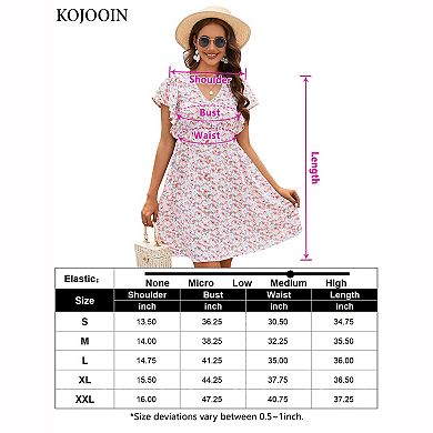 Women's V Neck Ruffle Cap Sleeve Button Front Smocked Waist Ditsy Floral Solid Mini Sundress