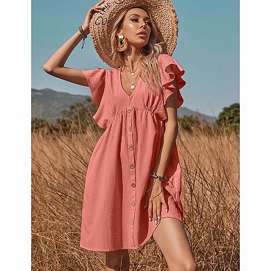 Women's V Neck Ruffle Cap Sleeve Button Front Smocked Waist Ditsy Floral Solid Mini Sundress