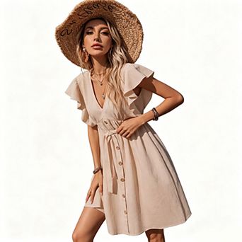 Women's V Neck Ruffle Cap Sleeve Button Front Smocked Waist Ditsy Floral Solid Mini Sundress
