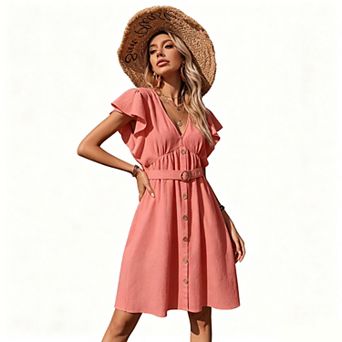 Women's V Neck Ruffle Cap Sleeve Button Front Smocked Waist Ditsy Floral Solid Mini Sundress