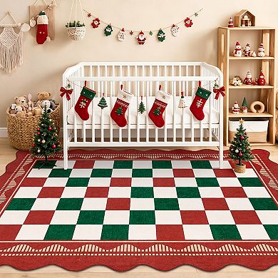 Scalloped Checkerboard Washable Area Rug with Rubber Backing, Modern Bordered Non-Slip Soft Carpet