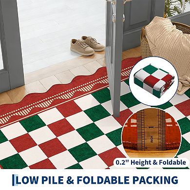 Scalloped Checkerboard Washable Area Rug with Rubber Backing, Modern Bordered Non-Slip Soft Carpet