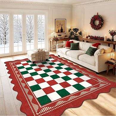 Scalloped Checkerboard Washable Area Rug with Rubber Backing, Modern Bordered Non-Slip Soft Carpet