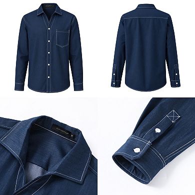 Men's Denim Style Shirt Comfort Stretch Casual Button Down Long-Sleeve