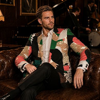 Men's Vintage Printed Blazer Loose Fit Corduroy Texture Party Suit Jacket