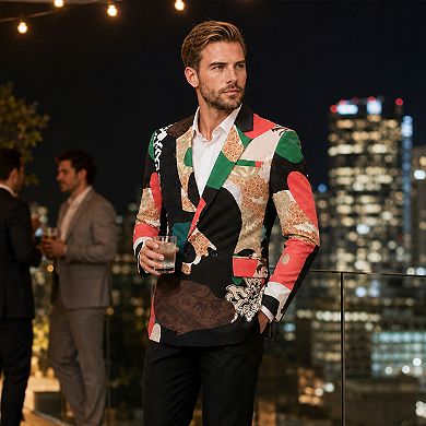 Men's Vintage Printed Blazer Loose Fit Corduroy Texture Party Suit Jacket