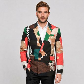 Men's Vintage Printed Blazer Loose Fit Corduroy Texture Party Suit Jacket