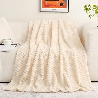 Fuzzy Jacquard Fleece Throw Blanket Soft Plush Lightweight Cream White