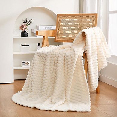 Fuzzy Jacquard Fleece Throw Blanket Soft Plush Lightweight Cream White