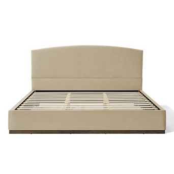 Pnronnc Camel Upholstered Platform Bed Frame Velvet Fabric Wingback Bed with Thick Headboard