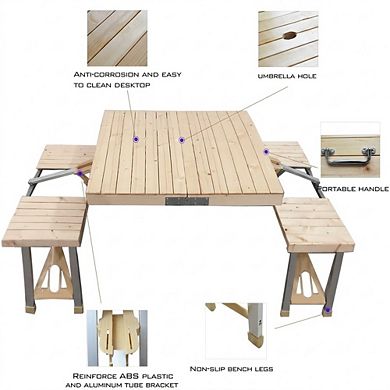Portable Picnic Table Set with 4 Seats for Outdoor Camping