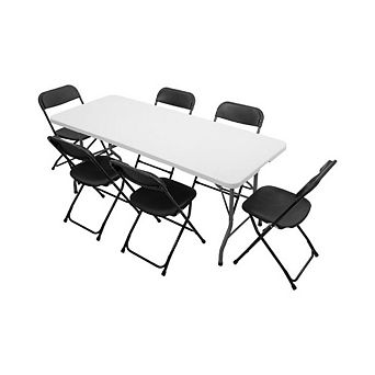 Plastic Folding Picnic Table Set with 6 Black Folding Chairs