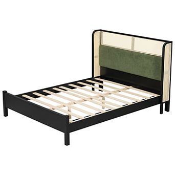 Pnronnc Black Upholstered Platform Bed with Green Upholstered Headboard, Low Profile Bed