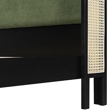 Pnronnc Black Upholstered Platform Bed with Green Upholstered Headboard, Low Profile Bed