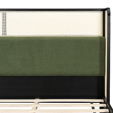 Pnronnc Black Upholstered Platform Bed with Green Upholstered Headboard, Low Profile Bed