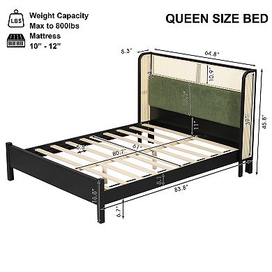 Pnronnc Black Upholstered Platform Bed with Green Upholstered Headboard, Low Profile Bed