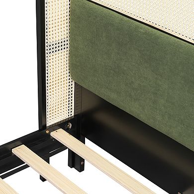 Pnronnc Black Upholstered Platform Bed with Green Upholstered Headboard, Low Profile Bed