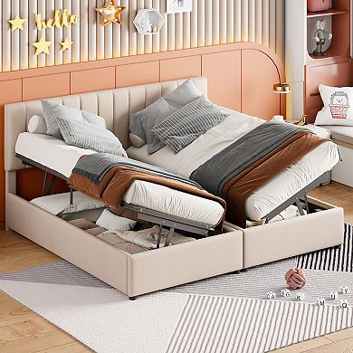 Pnronnc Upholstered Bed, Hydraulic Lift Storage Bed King Size Platform Bed