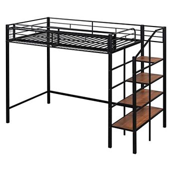 Pnronnc Twin Metal Loft Bed Modern Loft Kids Bed with Upper Grid Storage Shelf and Lateral Ladder