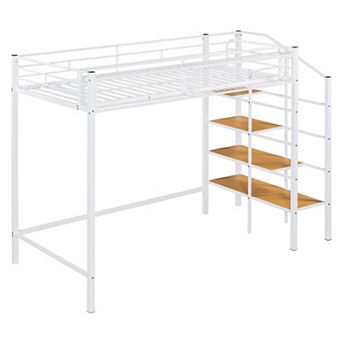 Pnronnc Twin Metal Loft Bed Modern Loft Kids Bed with Upper Grid Storage Shelf and Lateral Ladder