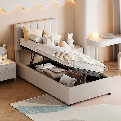 Pnronnc Twin Size Upholstered Platform Bed Hydraulic System Storage Bed