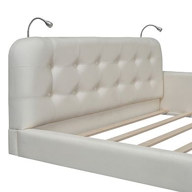 Pnronnc Queen Size Upholstered Platform Bed with 2 Reading Lights