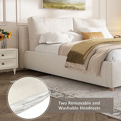 Pnronnc Boucle Upholstered Platform Bed with Padded Headboard and Pillows
