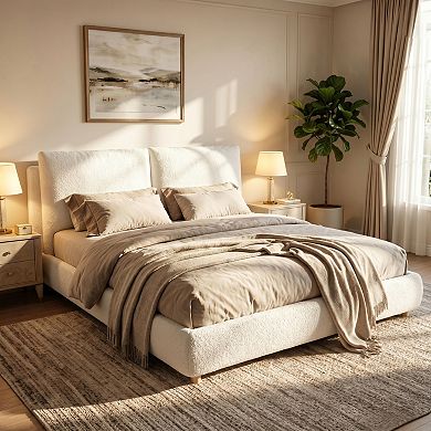 Pnronnc Boucle Upholstered Platform Bed with Padded Headboard and Pillows