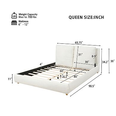 Pnronnc Boucle Upholstered Platform Bed with Padded Headboard and Pillows