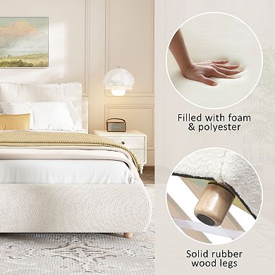 Pnronnc Boucle Upholstered Platform Bed with Padded Headboard and Pillows