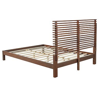 Pnronnc Wooden Platform Bed Frame with Horizontal Slat Headboard