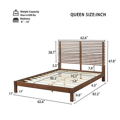 Pnronnc Wooden Platform Bed Frame with Horizontal Slat Headboard