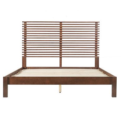 Pnronnc Wooden Platform Bed Frame with Horizontal Slat Headboard