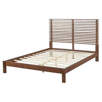 Pnronnc Wooden Platform Bed Frame with Horizontal Slat Headboard