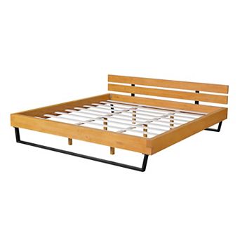 Pnronnc Industrial Low Profile Bed Frame Wood Metal Platform Bed