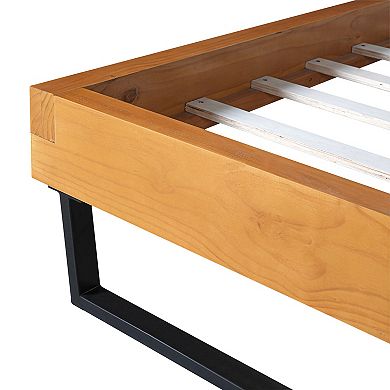 Pnronnc Industrial Low Profile Bed Frame Wood Metal Platform Bed
