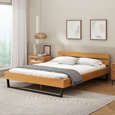 Pnronnc Industrial Low Profile Bed Frame Wood Metal Platform Bed