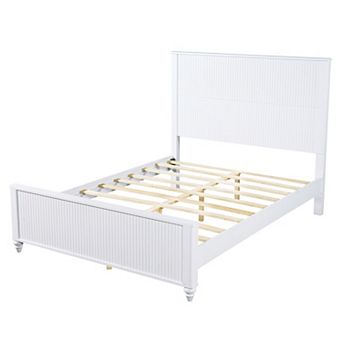 Pnronnc White Classic Wooden Low Profile Platform Bed Frame with Grooved Headboard