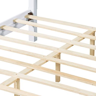 Pnronnc White Classic Wooden Low Profile Platform Bed Frame with Grooved Headboard